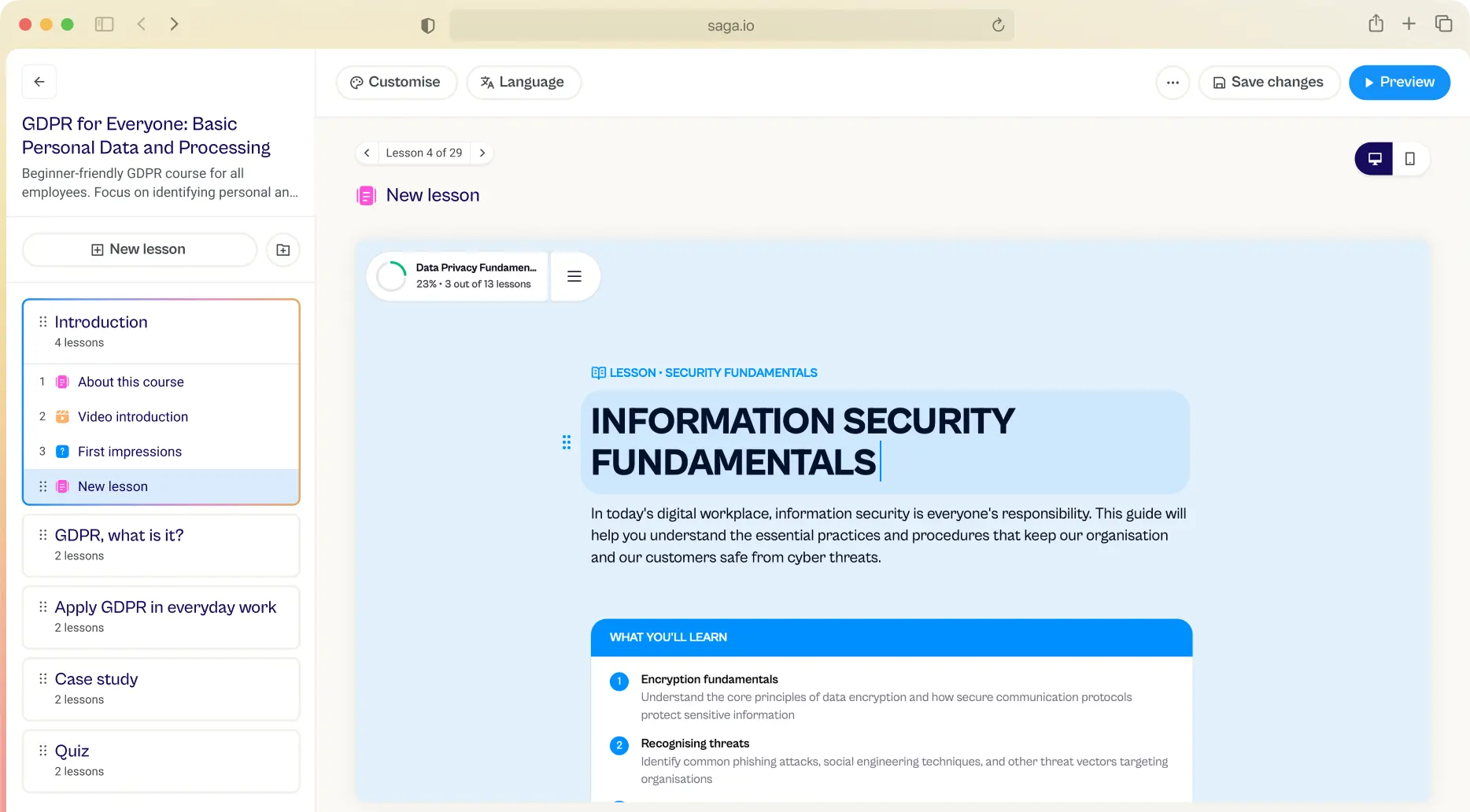 Saga course editor — drag-and-drop chapters, inline text editing, quiz types, and live preview